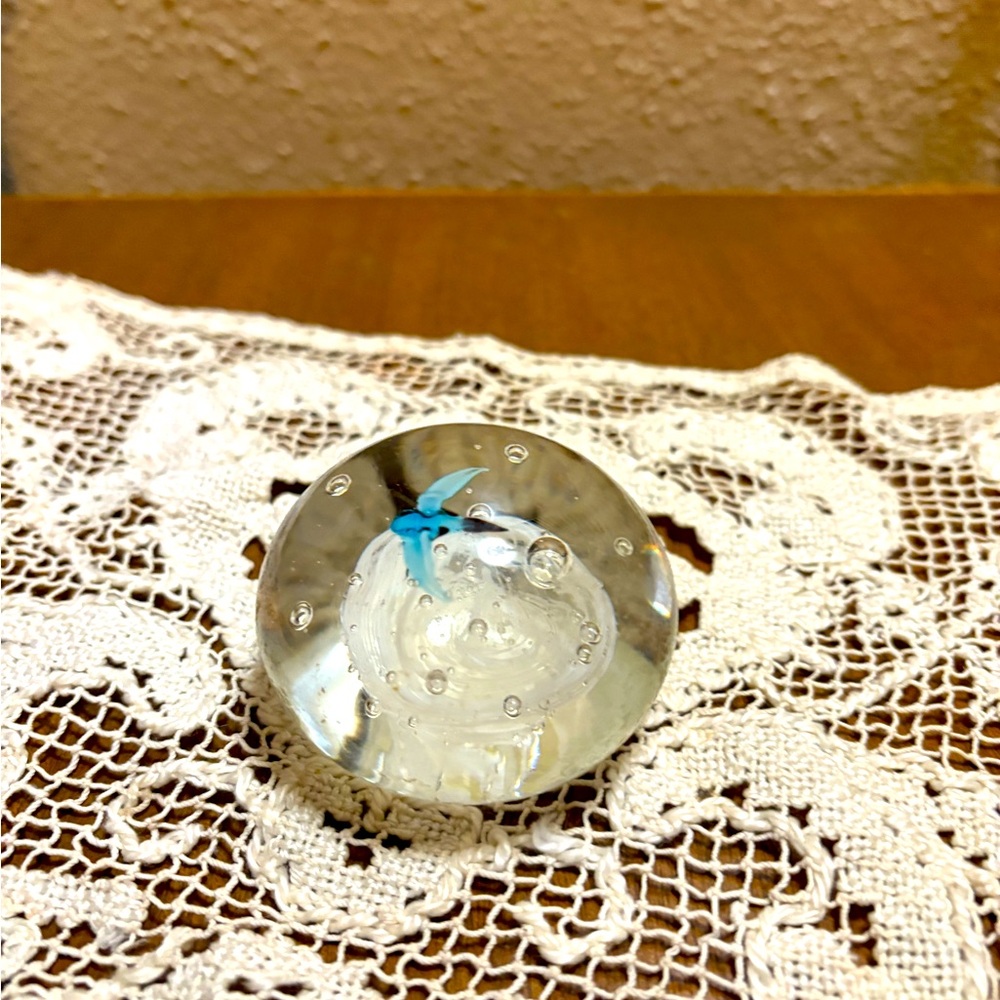 Vintage Clear Paperweight with a Blue Bird in Flight